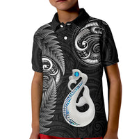 Personalised New Zealand Kid Polo Shirt Aotearoa Silver Fern With Manaia Maori Unique Black - Wonder Print Shop