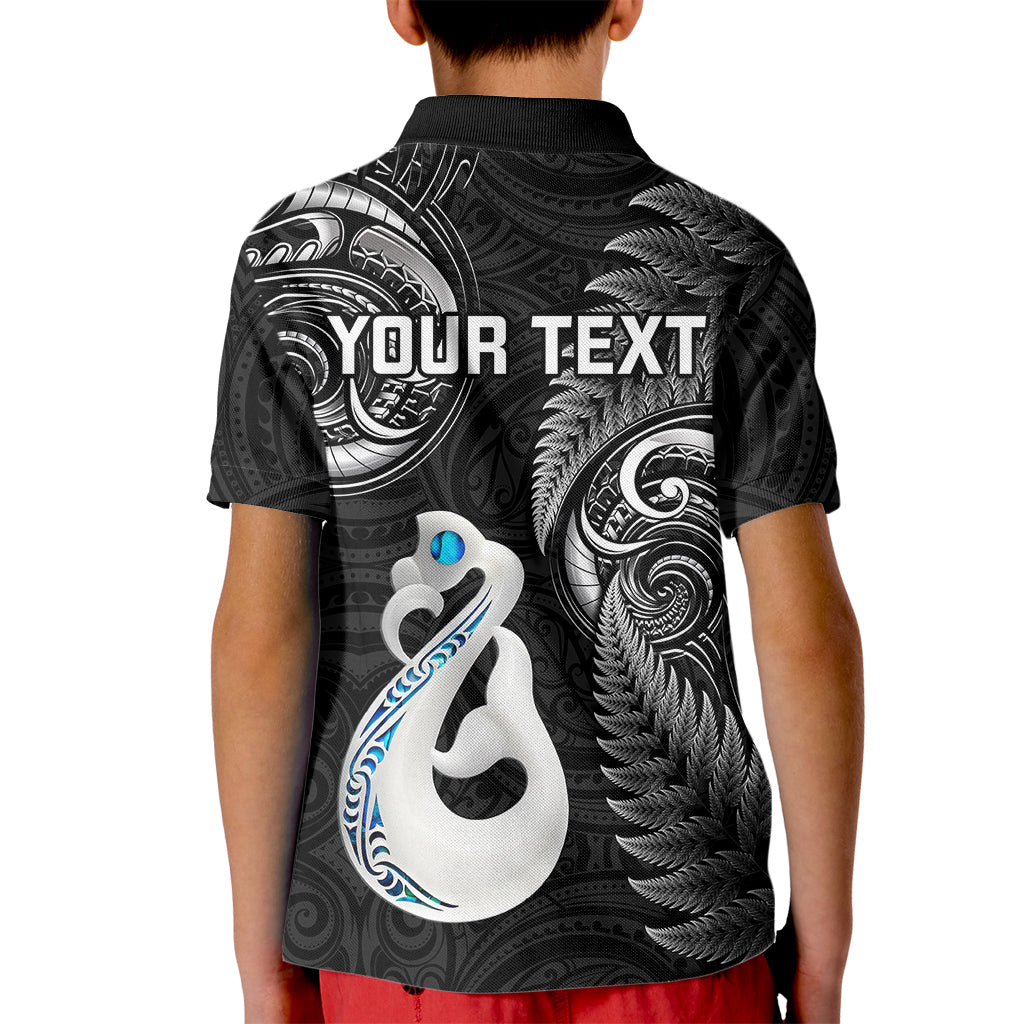 Personalised New Zealand Kid Polo Shirt Aotearoa Silver Fern With Manaia Maori Unique Black - Wonder Print Shop