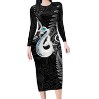 Personalised New Zealand Long Sleeve Bodycon Dress Aotearoa Silver Fern With Manaia Maori Unique Black - Wonder Print Shop