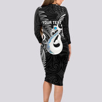 Personalised New Zealand Long Sleeve Bodycon Dress Aotearoa Silver Fern With Manaia Maori Unique Black - Wonder Print Shop