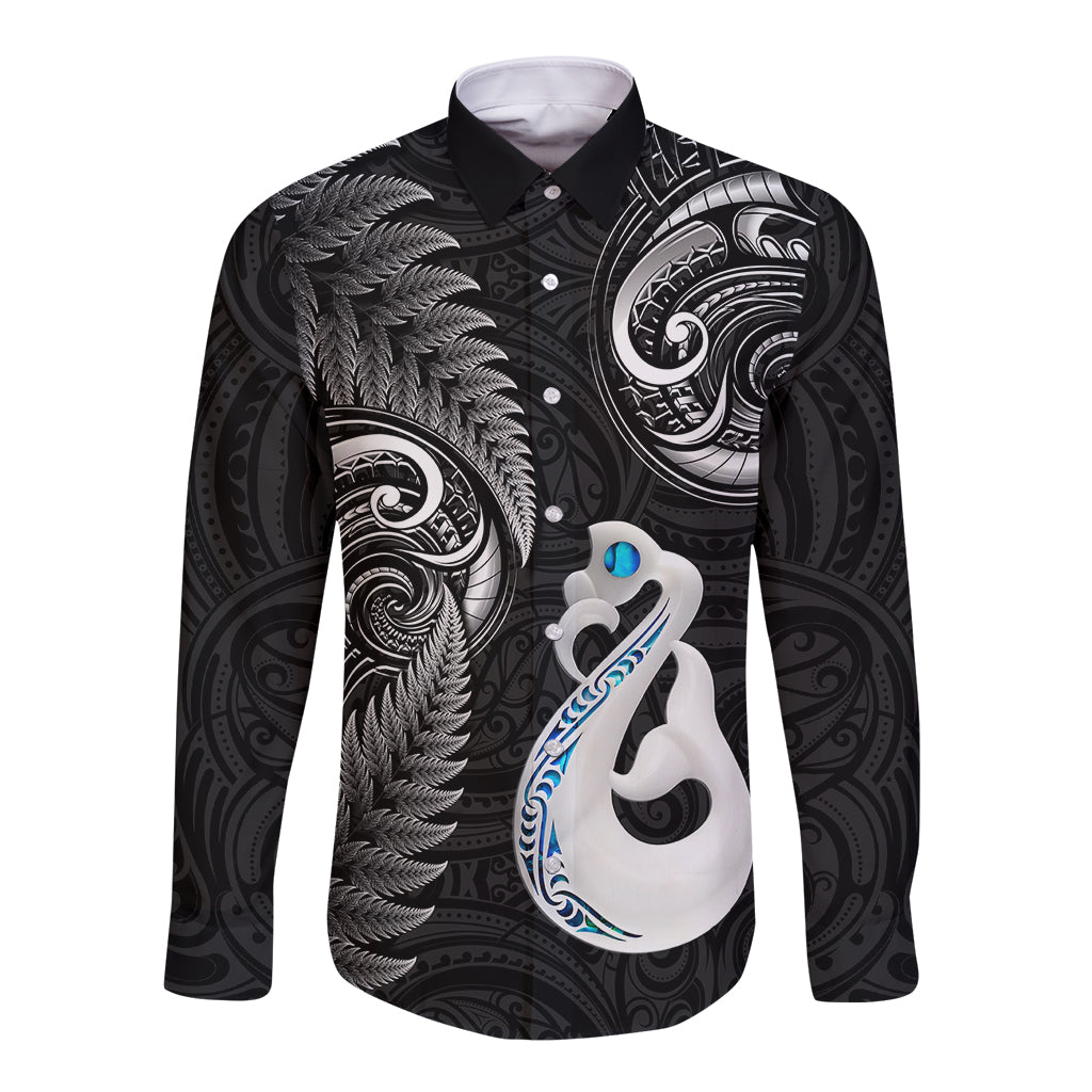 Personalised New Zealand Long Sleeve Button Shirt Aotearoa Silver Fern With Manaia Maori Unique Black - Wonder Print Shop