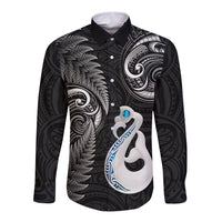 Personalised New Zealand Long Sleeve Button Shirt Aotearoa Silver Fern With Manaia Maori Unique Black - Wonder Print Shop