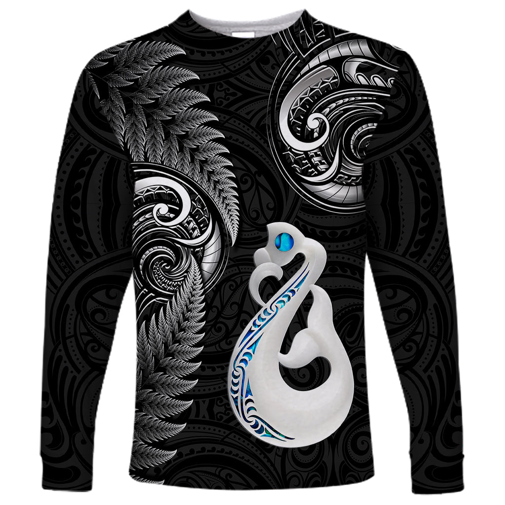 Personalised New Zealand Long Sleeve Shirt Aotearoa Silver Fern With Manaia Maori Unique Black - Wonder Print Shop