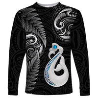 Personalised New Zealand Long Sleeve Shirt Aotearoa Silver Fern With Manaia Maori Unique Black - Wonder Print Shop