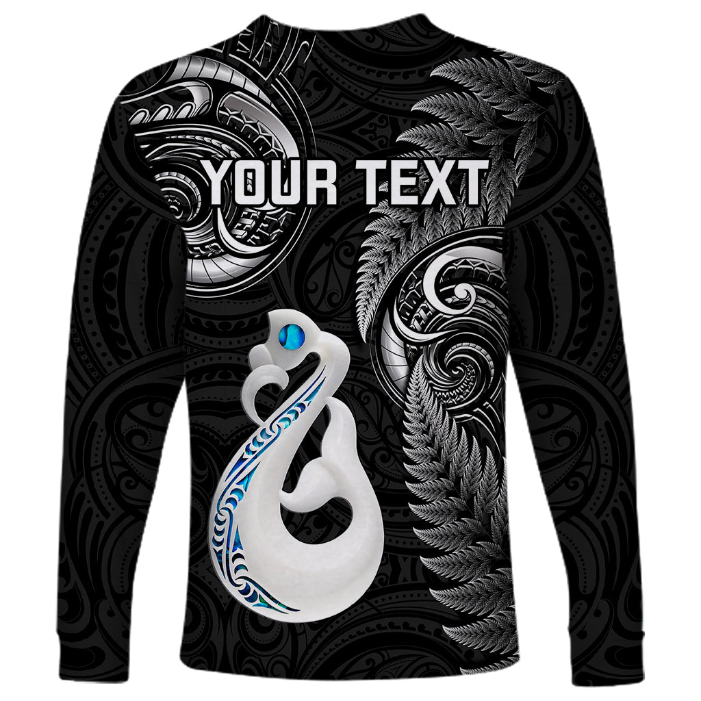 Personalised New Zealand Long Sleeve Shirt Aotearoa Silver Fern With Manaia Maori Unique Black - Wonder Print Shop