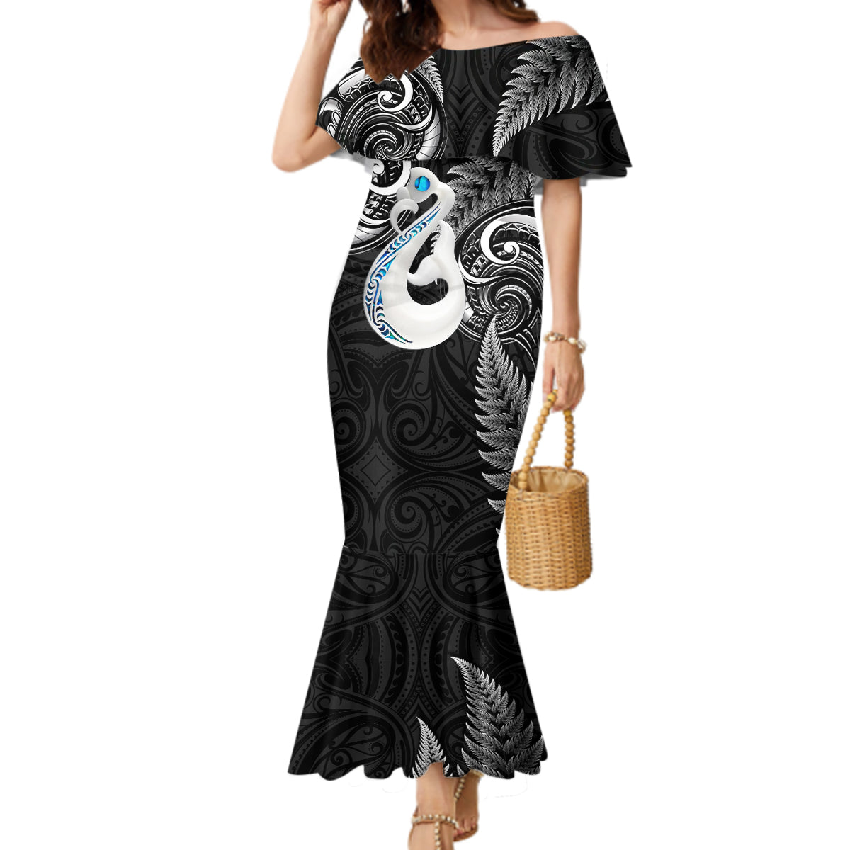 Personalised New Zealand Mermaid Dress Aotearoa Silver Fern With Manaia Maori Unique Black - Wonder Print Shop