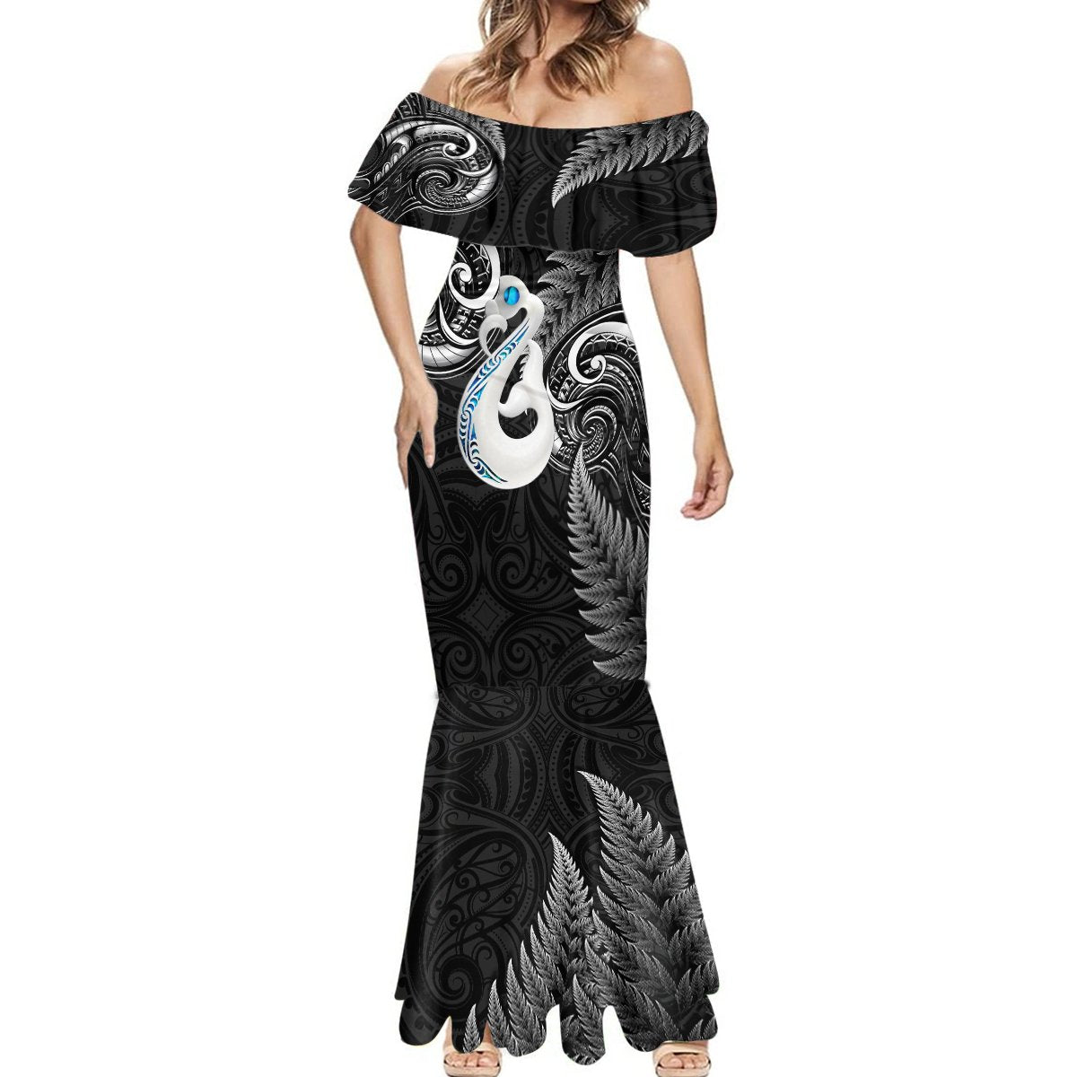 Personalised New Zealand Mermaid Dress Aotearoa Silver Fern With Manaia Maori Unique Black - Wonder Print Shop