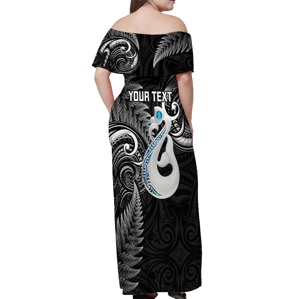 Personalised New Zealand Off Shoulder Maxi Dress Aotearoa Silver Fern With Manaia Maori Unique Black - Wonder Print Shop