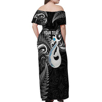 Personalised New Zealand Off Shoulder Maxi Dress Aotearoa Silver Fern With Manaia Maori Unique Black - Wonder Print Shop