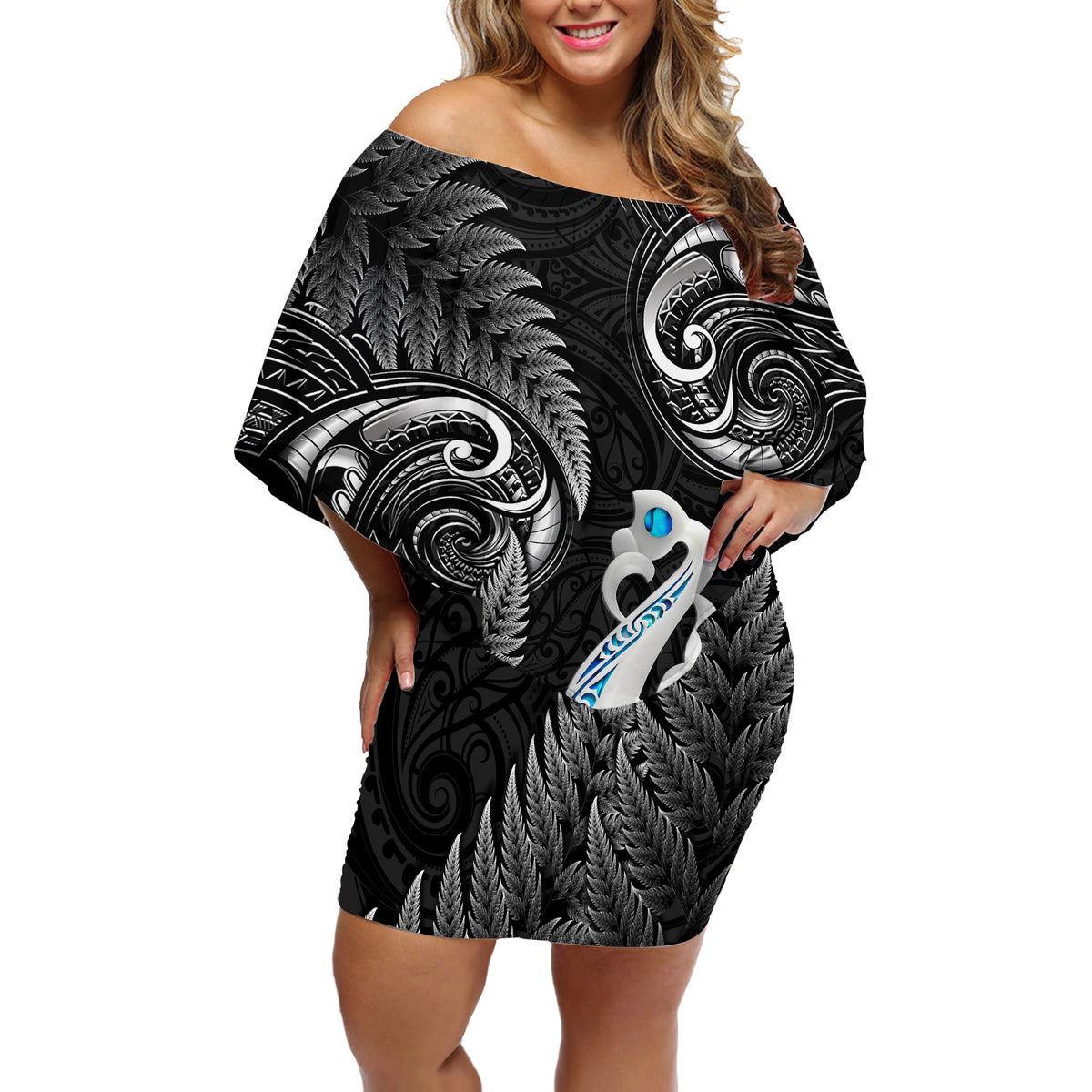 Personalised New Zealand Off Shoulder Short Dress Aotearoa Silver Fern With Manaia Maori Unique Black - Wonder Print Shop