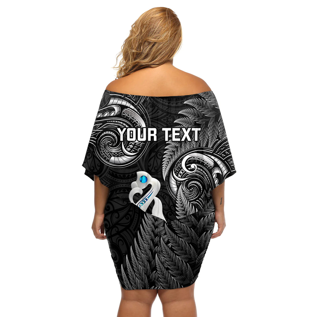 Personalised New Zealand Off Shoulder Short Dress Aotearoa Silver Fern With Manaia Maori Unique Black - Wonder Print Shop