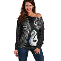 Personalised New Zealand Off Shoulder Sweater Aotearoa Silver Fern With Manaia Maori Unique Black - Wonder Print Shop