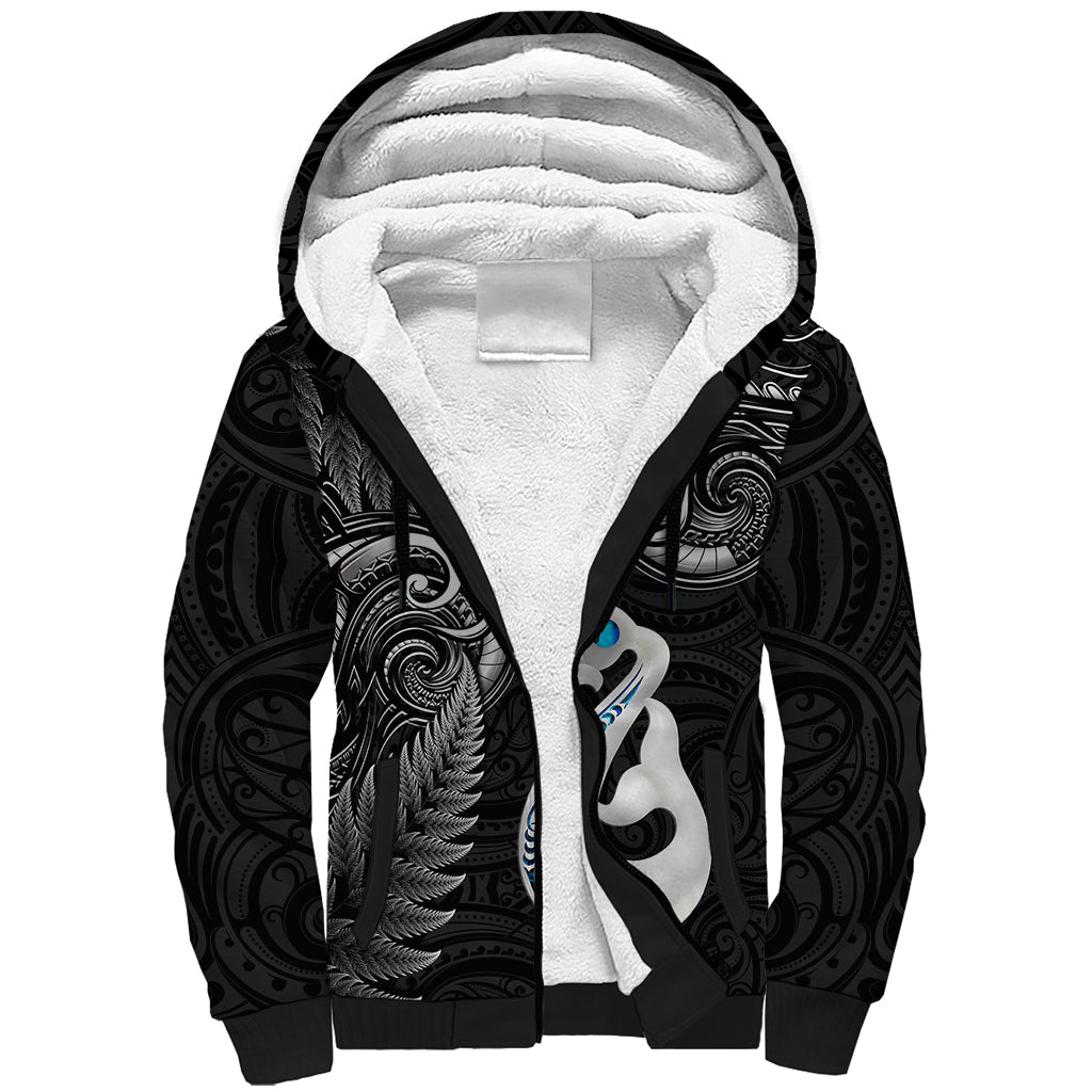 Personalised New Zealand Sherpa Hoodie Aotearoa Silver Fern With Manaia Maori Unique Black - Wonder Print Shop