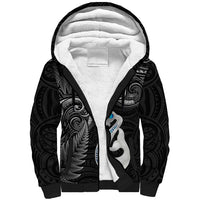 Personalised New Zealand Sherpa Hoodie Aotearoa Silver Fern With Manaia Maori Unique Black - Wonder Print Shop