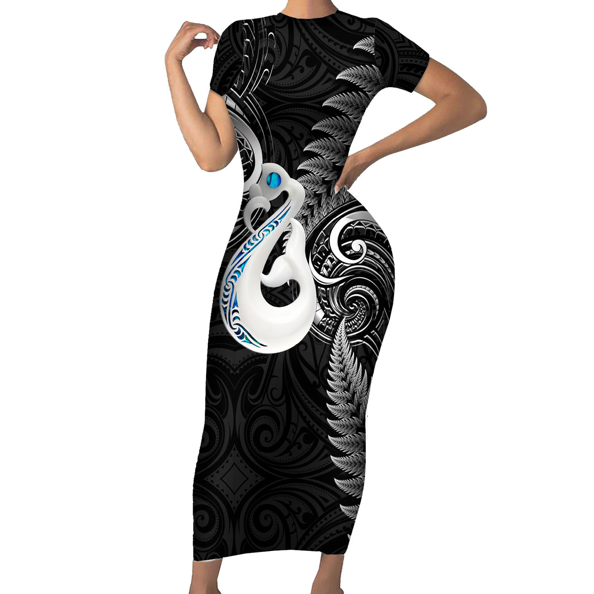 Personalised New Zealand Short Sleeve Bodycon Dress Aotearoa Silver Fern With Manaia Maori Unique Black - Wonder Print Shop