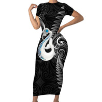 Personalised New Zealand Short Sleeve Bodycon Dress Aotearoa Silver Fern With Manaia Maori Unique Black - Wonder Print Shop