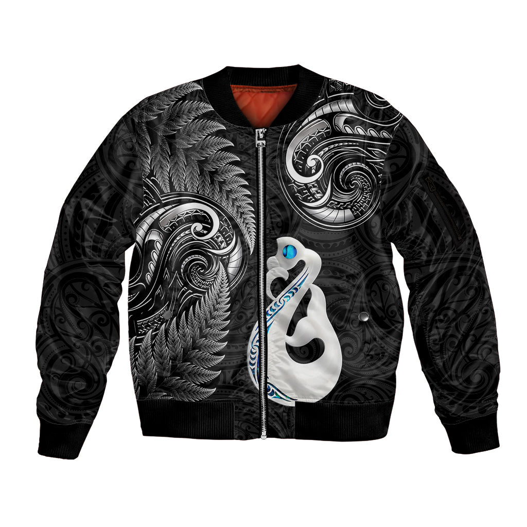 Personalised New Zealand Sleeve Zip Bomber Jacket Aotearoa Silver Fern With Manaia Maori Unique Black - Wonder Print Shop