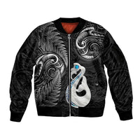 Personalised New Zealand Sleeve Zip Bomber Jacket Aotearoa Silver Fern With Manaia Maori Unique Black - Wonder Print Shop