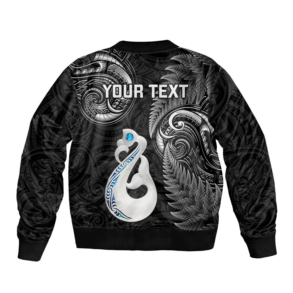 Personalised New Zealand Sleeve Zip Bomber Jacket Aotearoa Silver Fern With Manaia Maori Unique Black - Wonder Print Shop
