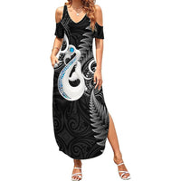 Personalised New Zealand Summer Maxi Dress Aotearoa Silver Fern With Manaia Maori Unique Black - Wonder Print Shop