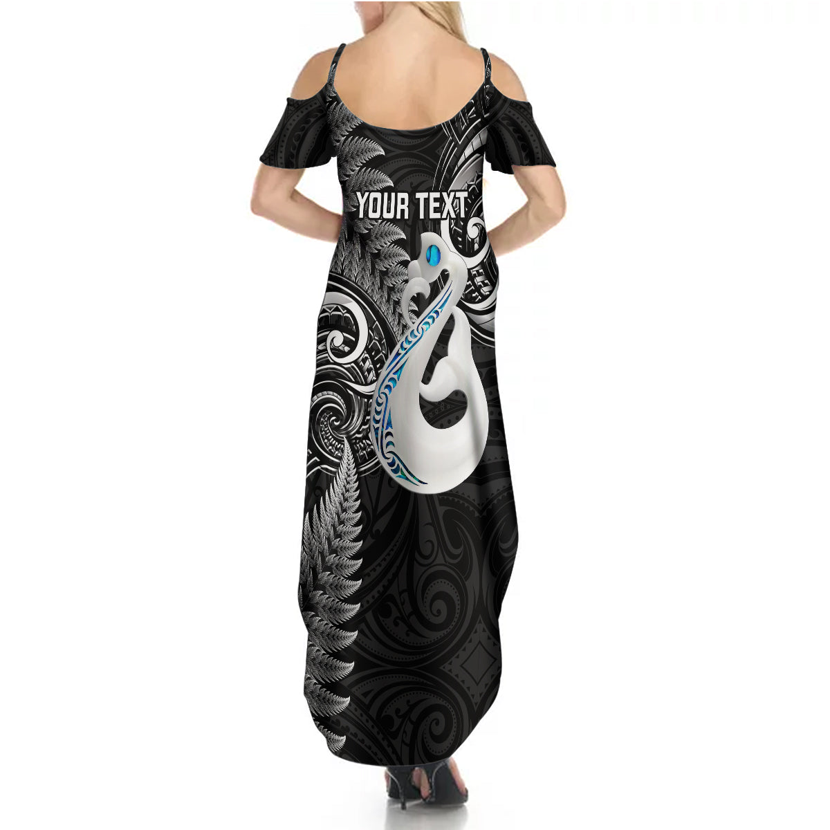 Personalised New Zealand Summer Maxi Dress Aotearoa Silver Fern With Manaia Maori Unique Black - Wonder Print Shop