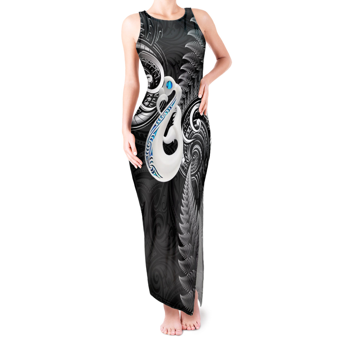 Personalised New Zealand Tank Maxi Dress Aotearoa Silver Fern With Manaia Maori Unique Black - Wonder Print Shop