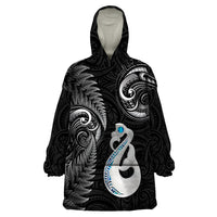 Personalised New Zealand Wearable Blanket Hoodie Aotearoa Silver Fern With Manaia Maori Unique Black - Wonder Print Shop