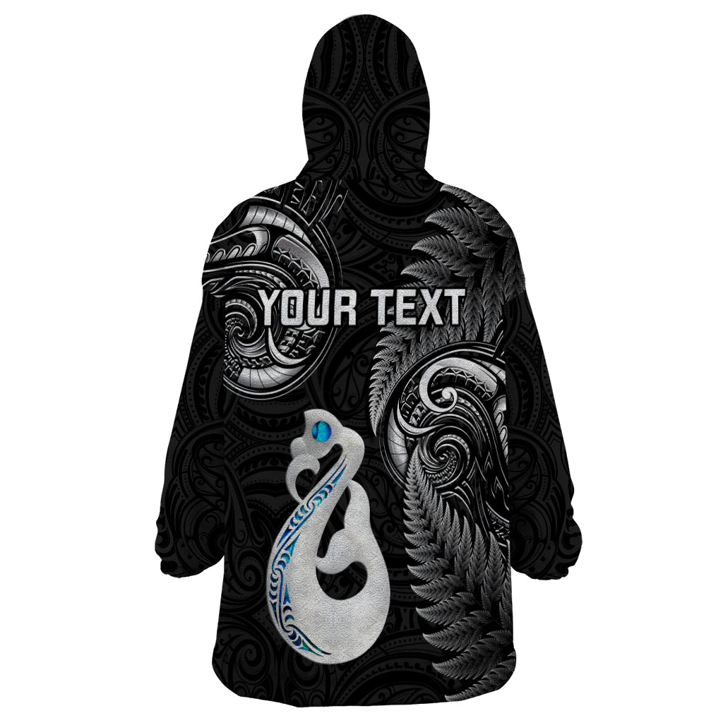 Personalised New Zealand Wearable Blanket Hoodie Aotearoa Silver Fern With Manaia Maori Unique Black - Wonder Print Shop