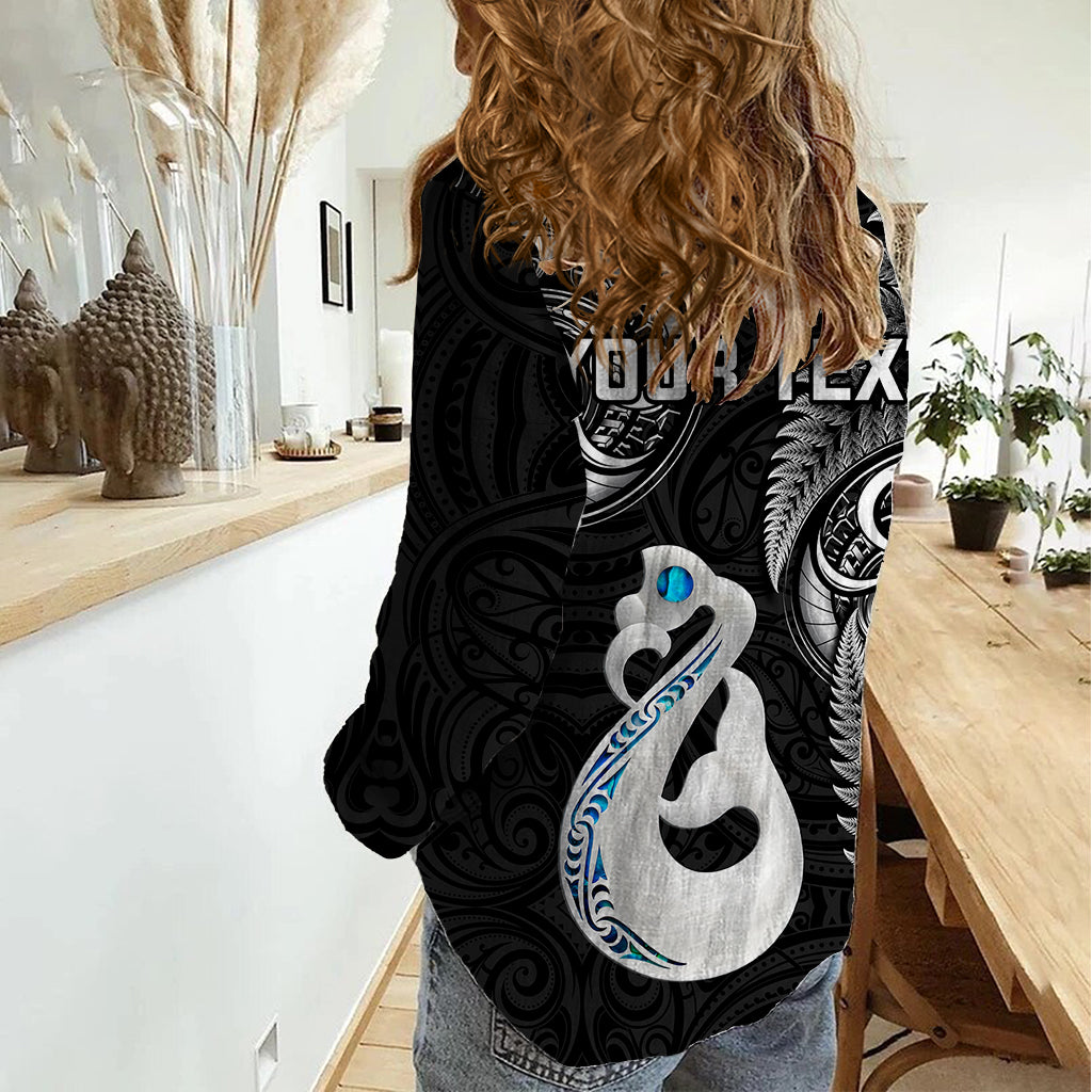 Personalised New Zealand Women Casual Shirt Aotearoa Silver Fern With Manaia Maori Unique Black - Wonder Print Shop