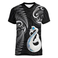 Personalised New Zealand Women V Neck T Shirt Aotearoa Silver Fern With Manaia Maori Unique Black - Wonder Print Shop