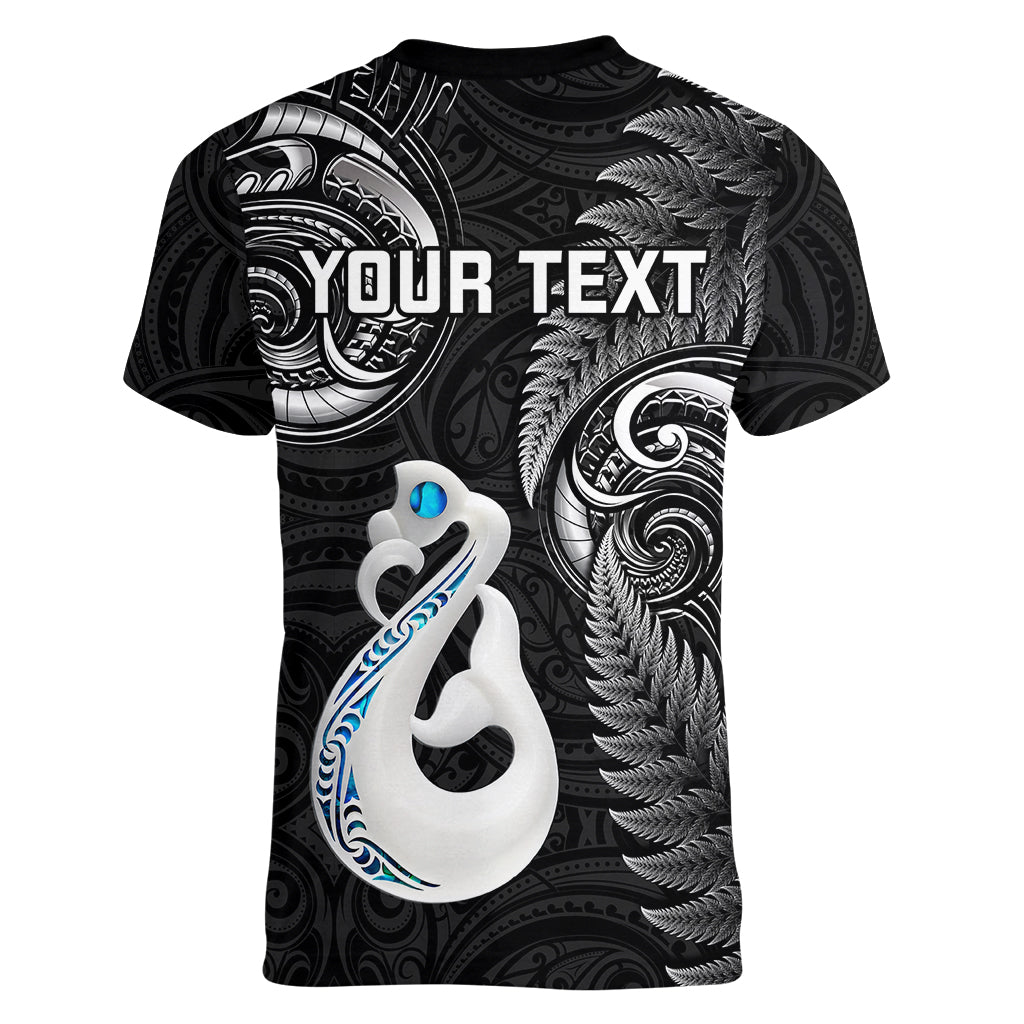Personalised New Zealand Women V Neck T Shirt Aotearoa Silver Fern With Manaia Maori Unique Black - Wonder Print Shop