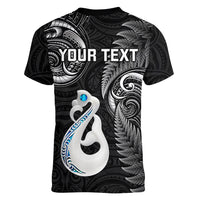 Personalised New Zealand Women V Neck T Shirt Aotearoa Silver Fern With Manaia Maori Unique Black - Wonder Print Shop