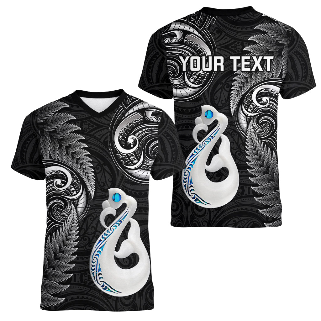 Personalised New Zealand Women V Neck T Shirt Aotearoa Silver Fern With Manaia Maori Unique Black - Wonder Print Shop