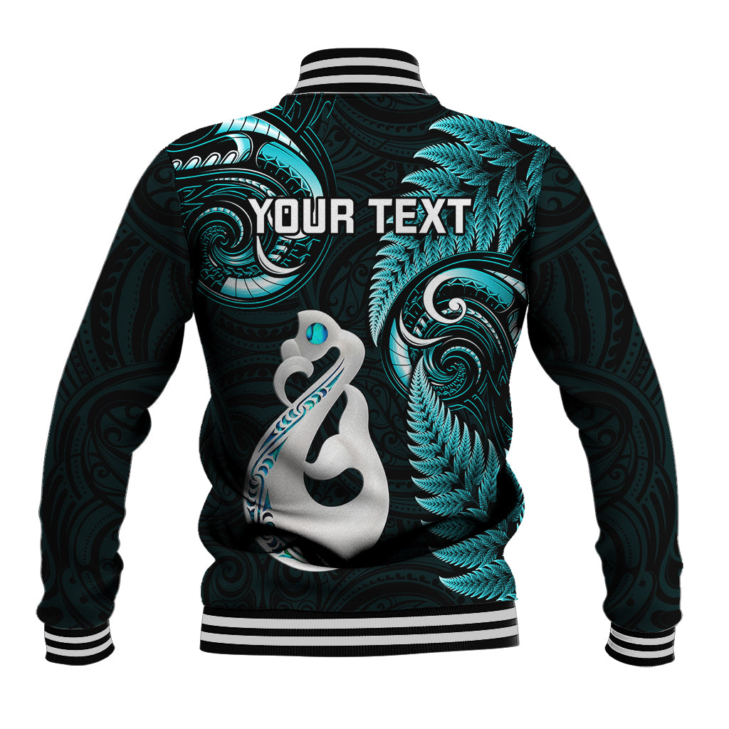 Personalised New Zealand Baseball Jacket Aotearoa Silver Fern With Manaia Maori Unique Turquoise - Wonder Print Shop