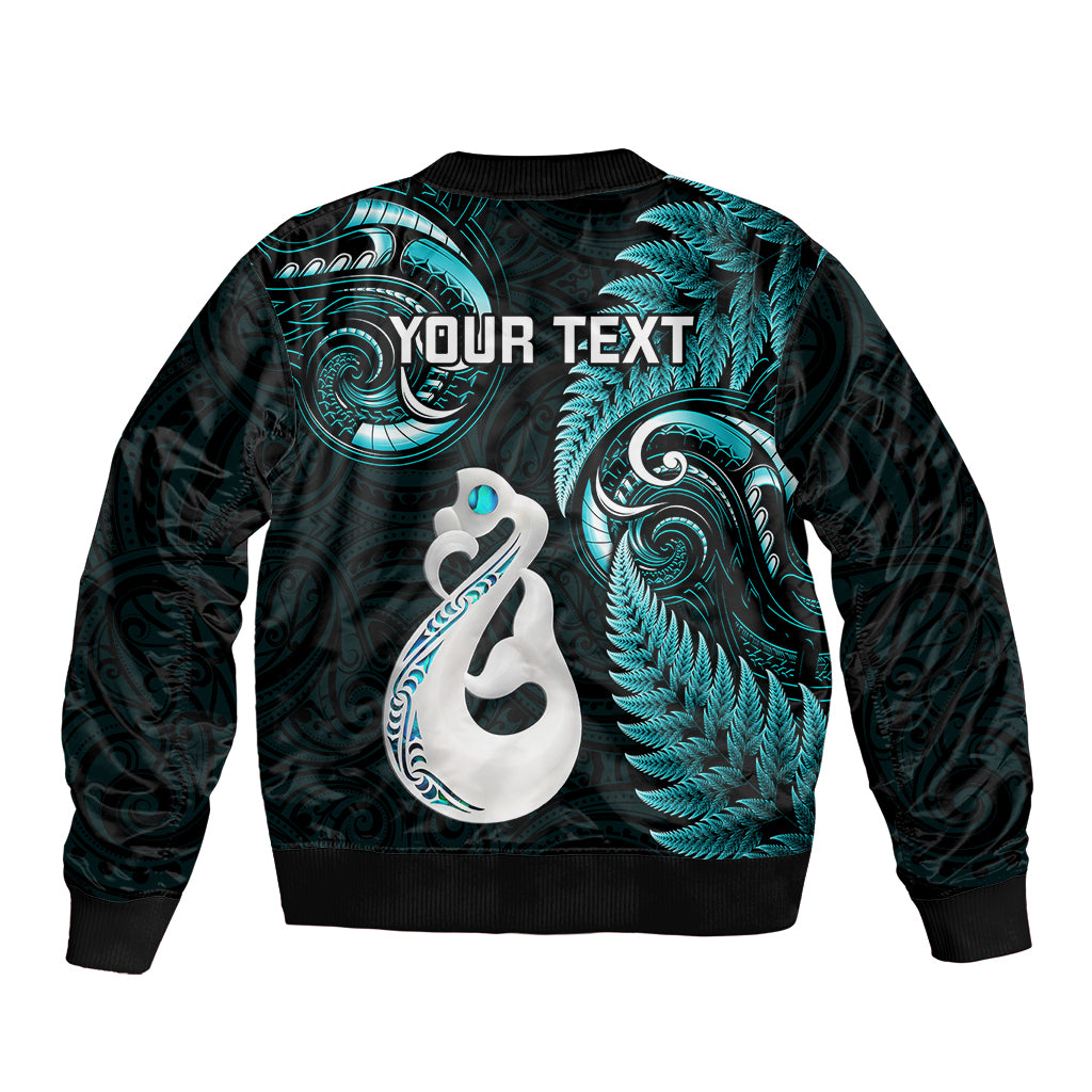 Personalised New Zealand Bomber Jacket Aotearoa Silver Fern With Manaia Maori Unique Turquoise - Wonder Print Shop