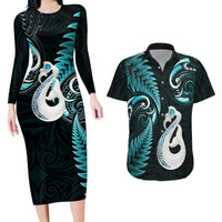 Personalised New Zealand Couples Long Sleeve Bodycon Dress and Hawaiian Shirt Aotearoa Silver Fern With Manaia Maori Unique Turquoise - Wonder Print Shop