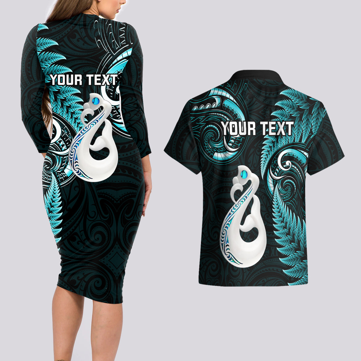 Personalised New Zealand Couples Long Sleeve Bodycon Dress and Hawaiian Shirt Aotearoa Silver Fern With Manaia Maori Unique Turquoise - Wonder Print Shop