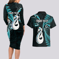 Personalised New Zealand Couples Long Sleeve Bodycon Dress and Hawaiian Shirt Aotearoa Silver Fern With Manaia Maori Unique Turquoise - Wonder Print Shop
