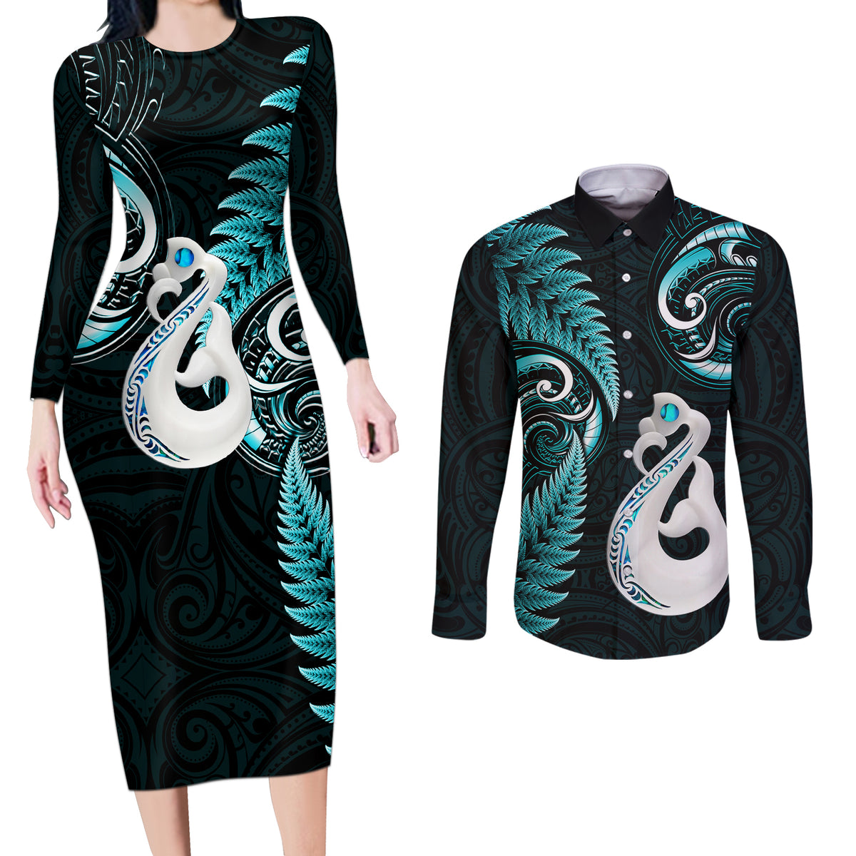 Personalised New Zealand Couples Long Sleeve Bodycon Dress and Long Sleeve Button Shirts Aotearoa Silver Fern With Manaia Maori Unique Turquoise - Wonder Print Shop