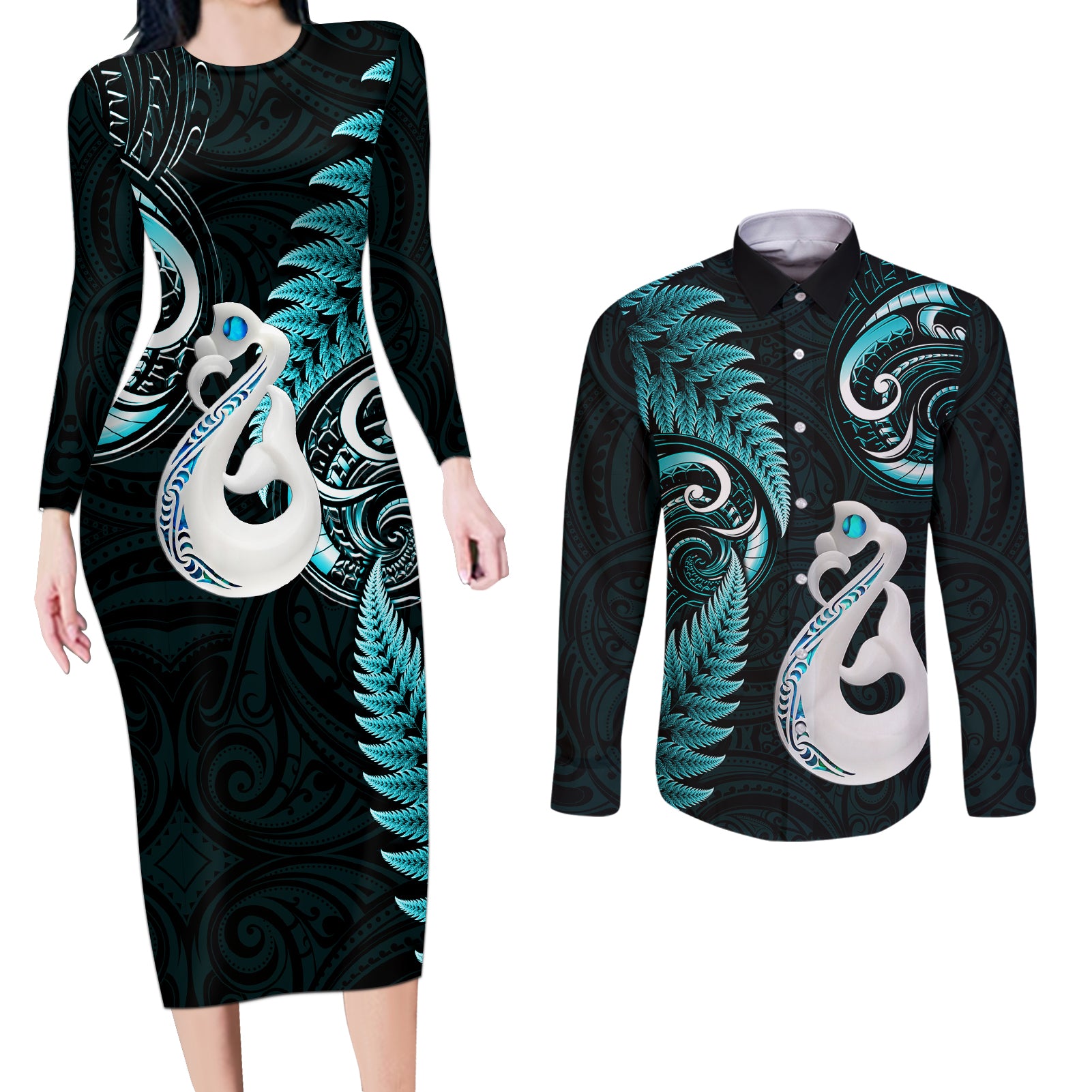Personalised New Zealand Couples Long Sleeve Bodycon Dress and Long Sleeve Button Shirts Aotearoa Silver Fern With Manaia Maori Unique Turquoise - Wonder Print Shop