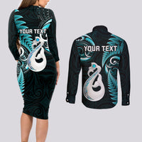 Personalised New Zealand Couples Long Sleeve Bodycon Dress and Long Sleeve Button Shirts Aotearoa Silver Fern With Manaia Maori Unique Turquoise - Wonder Print Shop