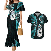 Personalised New Zealand Couples Mermaid Dress And Hawaiian Shirt Aotearoa Silver Fern With Manaia Maori Unique Turquoise - Wonder Print Shop