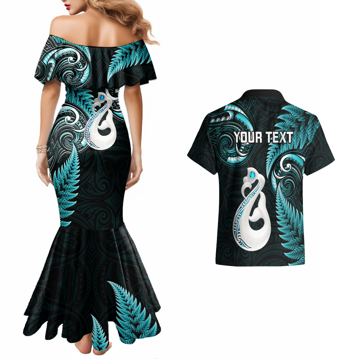 Personalised New Zealand Couples Mermaid Dress And Hawaiian Shirt Aotearoa Silver Fern With Manaia Maori Unique Turquoise - Wonder Print Shop