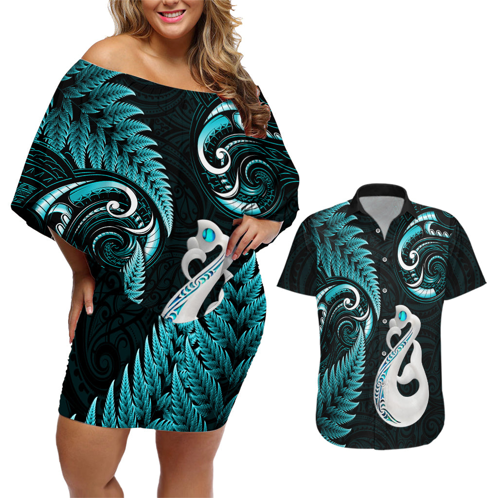 Personalised New Zealand Couples Off Shoulder Short Dress and Hawaiian Shirt Aotearoa Silver Fern With Manaia Maori Unique Turquoise - Wonder Print Shop
