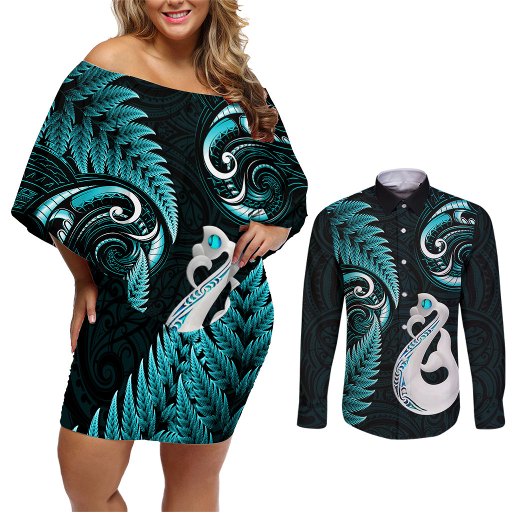 Personalised New Zealand Couples Off Shoulder Short Dress and Long Sleeve Button Shirts Aotearoa Silver Fern With Manaia Maori Unique Turquoise - Wonder Print Shop