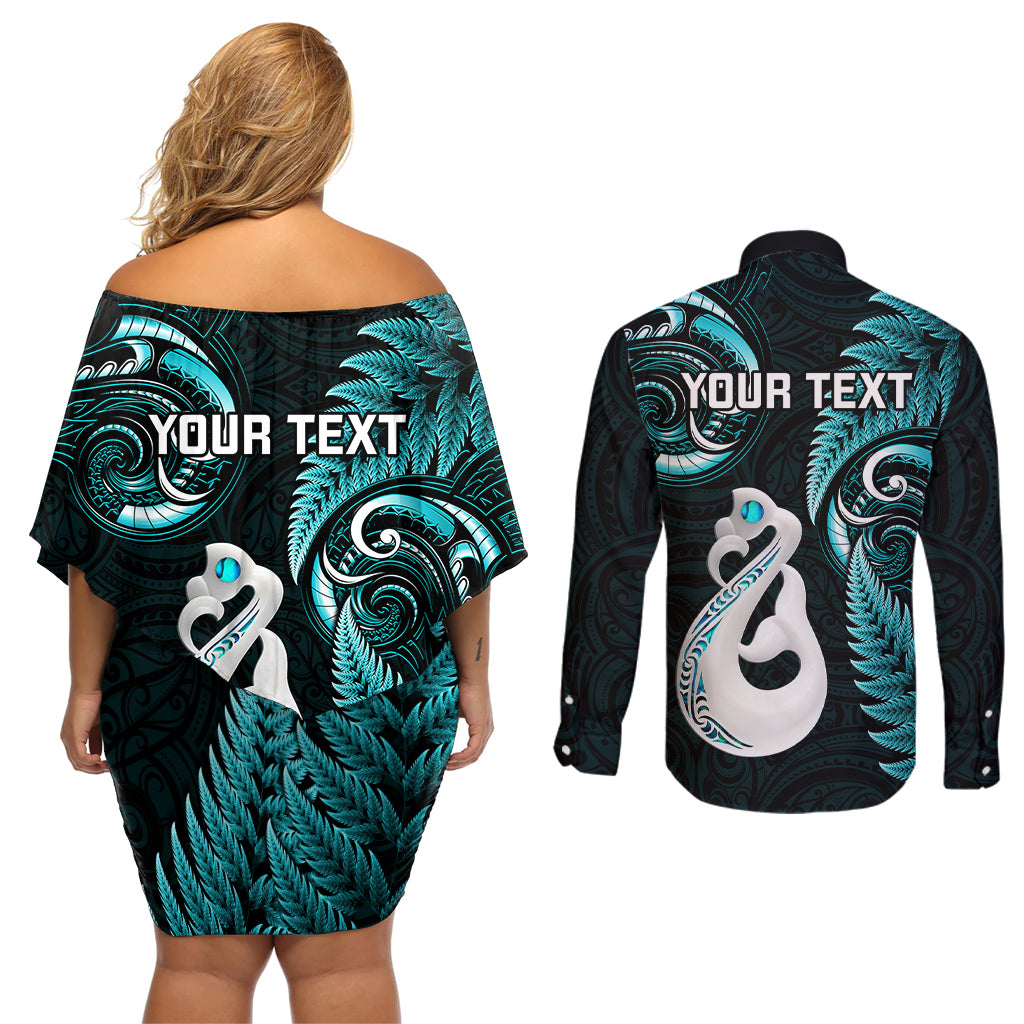 Personalised New Zealand Couples Off Shoulder Short Dress and Long Sleeve Button Shirts Aotearoa Silver Fern With Manaia Maori Unique Turquoise - Wonder Print Shop