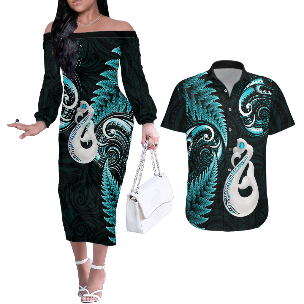 Personalised New Zealand Couples Off The Shoulder Long Sleeve Dress and Hawaiian Shirt Aotearoa Silver Fern With Manaia Maori Unique Turquoise - Wonder Print Shop