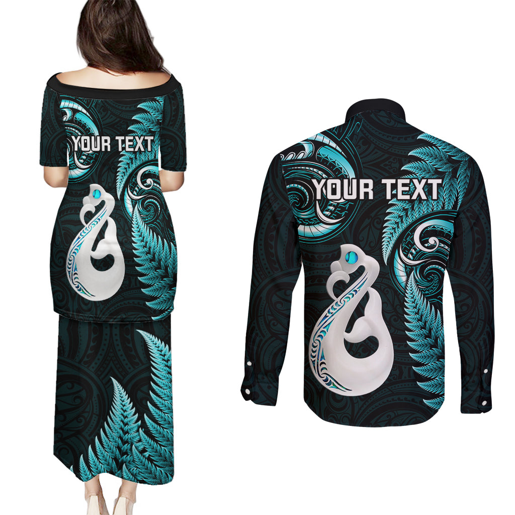 Personalised New Zealand Couples Puletasi Dress and Long Sleeve Button Shirts Aotearoa Silver Fern With Manaia Maori Unique Turquoise - Wonder Print Shop