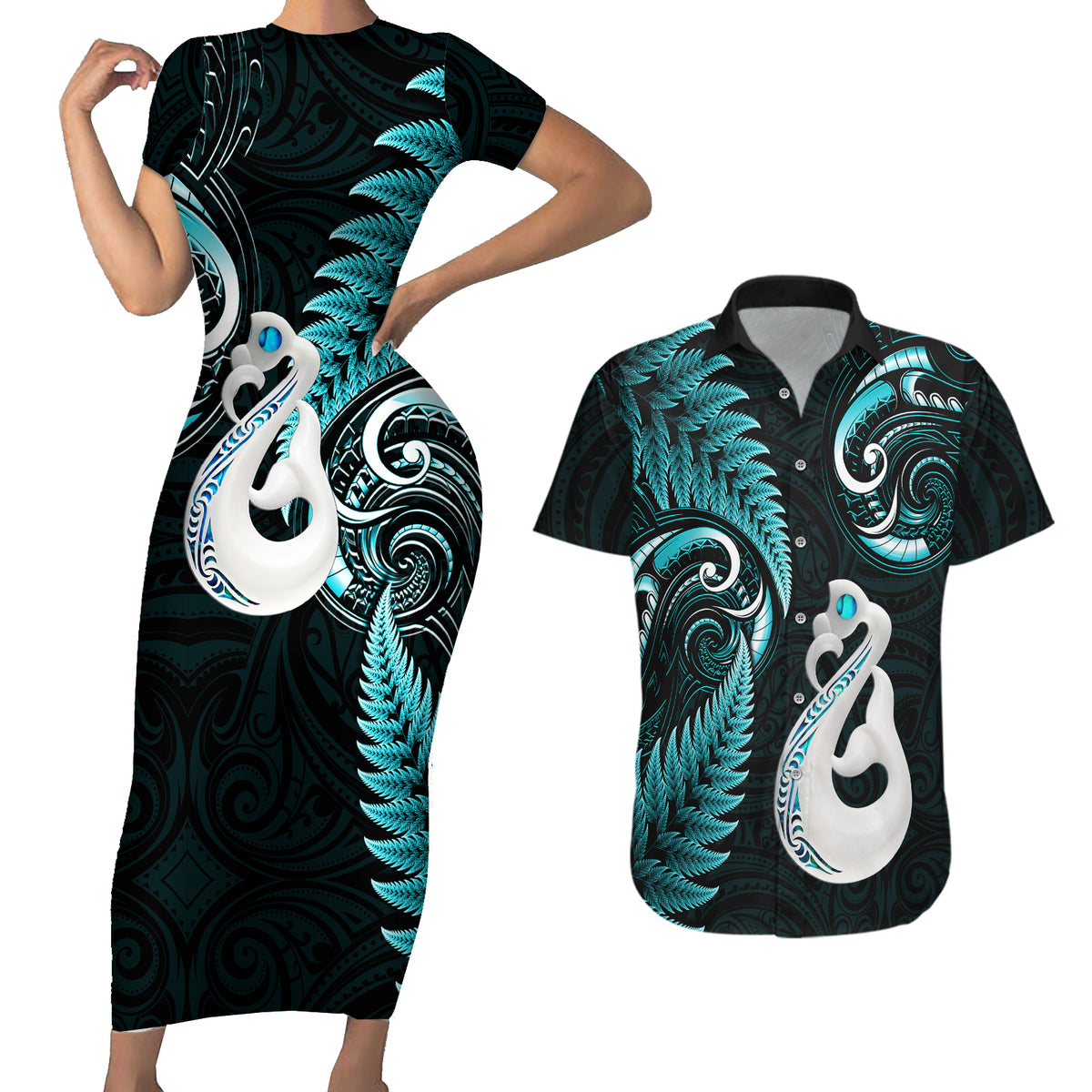 Personalised New Zealand Couples Short Sleeve Bodycon Dress and Hawaiian Shirt Aotearoa Silver Fern With Manaia Maori Unique Turquoise - Wonder Print Shop