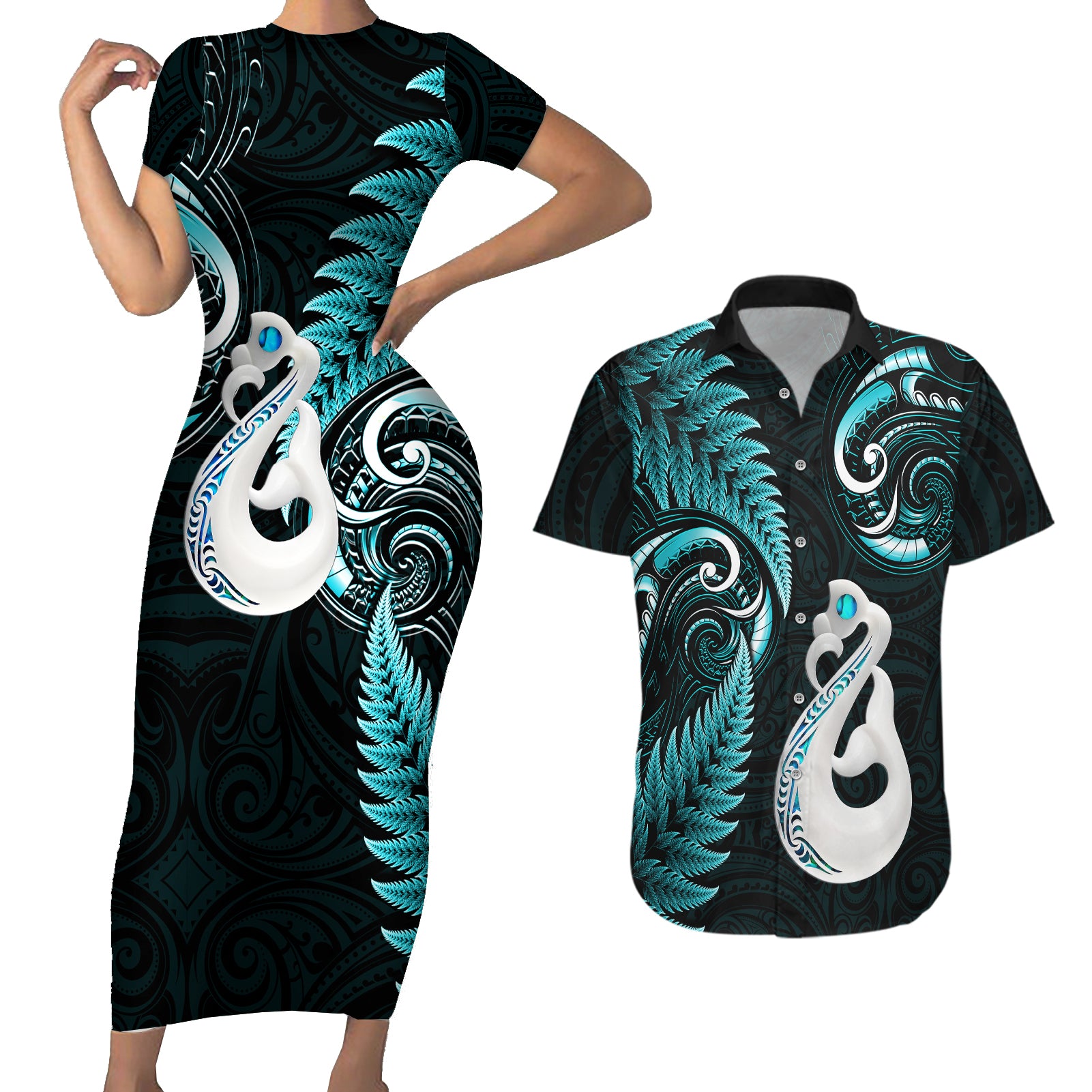 Personalised New Zealand Couples Short Sleeve Bodycon Dress and Hawaiian Shirt Aotearoa Silver Fern With Manaia Maori Unique Turquoise - Wonder Print Shop